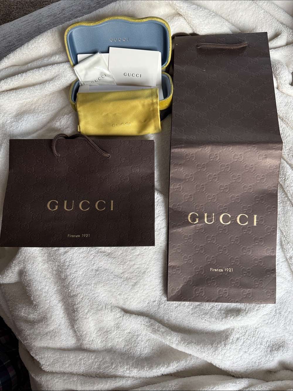 Gucci Yellow Sunglass Case with (2) Brown Branded Shopping Bag